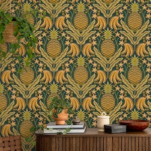 Tropical fruits damask - Gold on green
