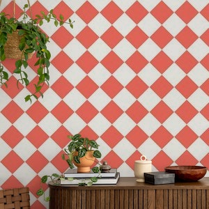 Diagonal Checkerboard Large - Soft Red White