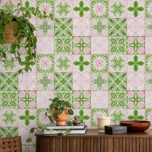 Ornate tiles in pink and green