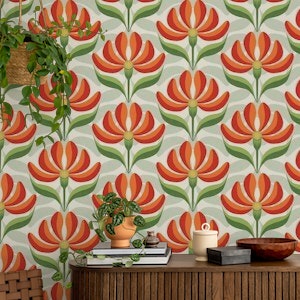 Bright Bold Retro Floral Red Green Ivory