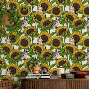 Sunflowers and goldfinches, yelow and green