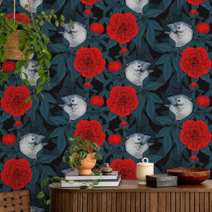 Birds and red peony flowers with blue leaves