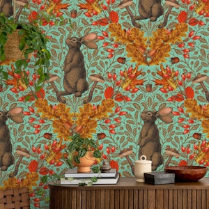 Autumn rabbit on light green