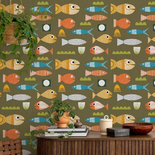 Sardines Olive Mid Century Modern Fish Retro