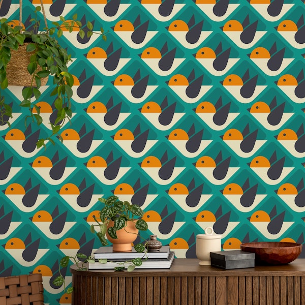 2840 A - geometrical retro birds / teal orange
