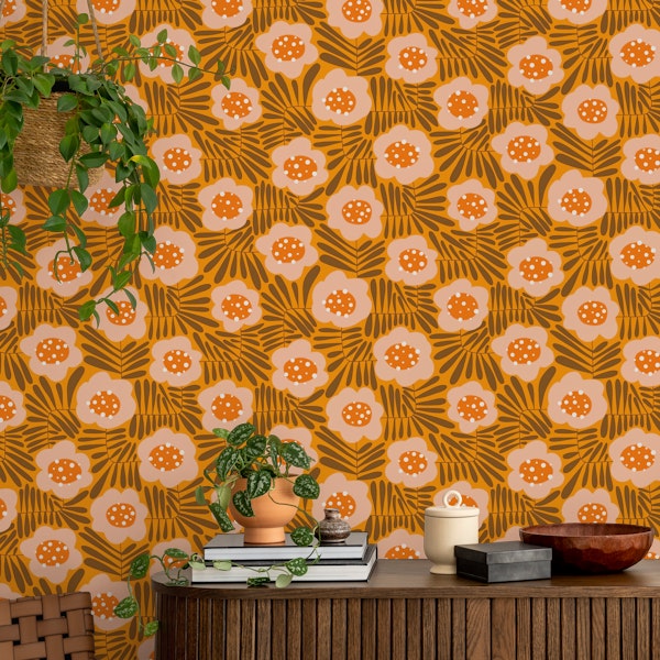 Climbing Flowers Retro Floral Orange Brown