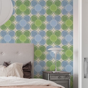 Blue and Green Retro Flowers Minimal Abstract