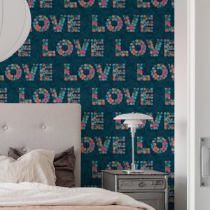 Flowered Love Floral Lettering Pattern Blue