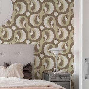 60s Retro Abstract Swirls, Light Brown Beige
