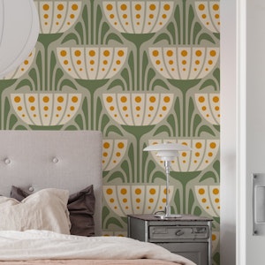 Mid-Century Blossoms in Green Yellow - L