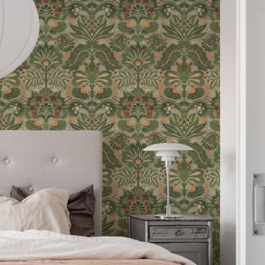 Botanic Damask Olive Sage Green Red Orange