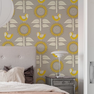 Sunflower block print with singing bird grey