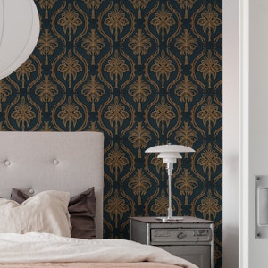 Golden Brocade Damask Petrol Blue