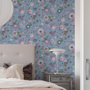 Spring Flowers blue and lilac on blue grey M