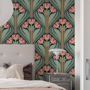 Art Deco Tulips in Sage and Coral - L