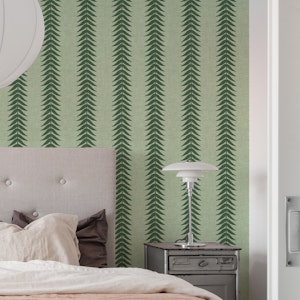 Moss Green Fern Leaf Stripe on Linen