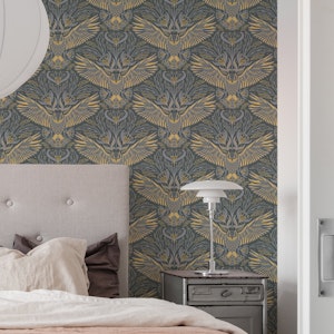 Owl Grey Yellow - Dark Academia Damask