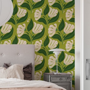 Retro 70s Cream Florals on Avocado Green