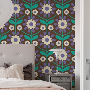 Retro Botanical Serenity in Purple Teal - L