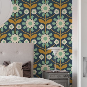 Retro Botanical Serenity in Gold Teal - L