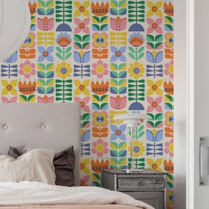 Retro Folk & Floral Pastel Flower Grid Cream