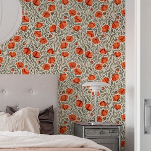 Retro Block Print Poppies on Cream