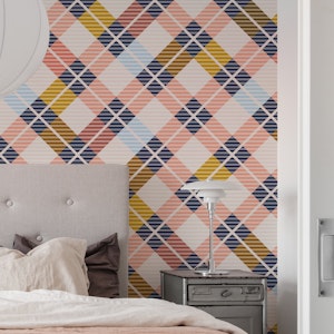 plaid pink mustard navy blue coral