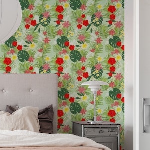 Palm leaves red hibiscus pattern