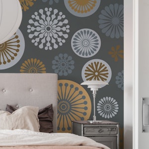 Retro Vibe Stylized Flowers Grey Beige