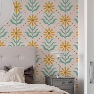 Vintage Geo Floral Mint Green and Yellow