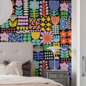 Maximalist Folk Art Flower Grid on Black