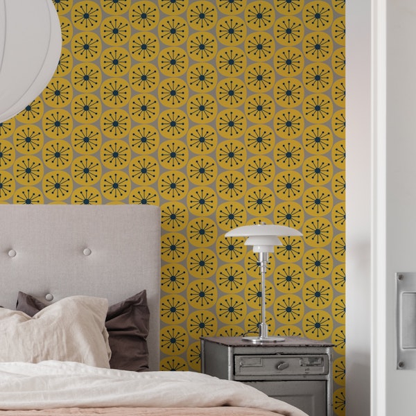 Mid Century Modern Atomic Dots Mustard Gray
