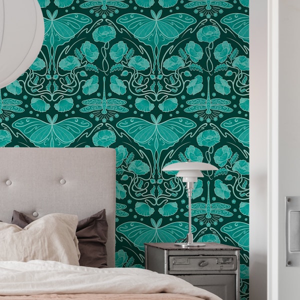 Art Nouveau Poppies, Luna moth - teal