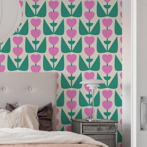 Retro Heart Flowers Green Pink