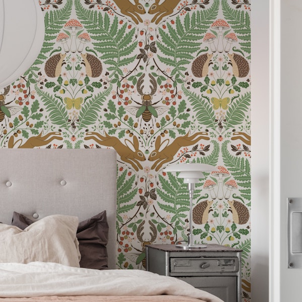 Woodland animals and plants in sage and ochre