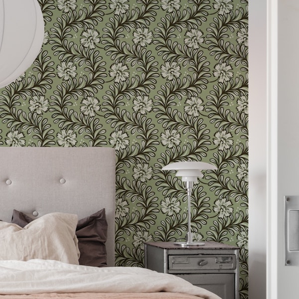 Climbing Leaves Floral Stipes Sage Green Wave