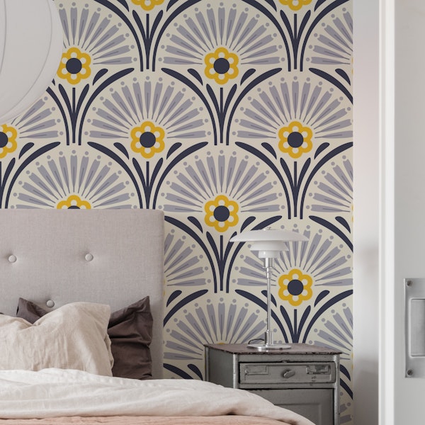 Vintage Floral Scallop in Gray Yellow - L