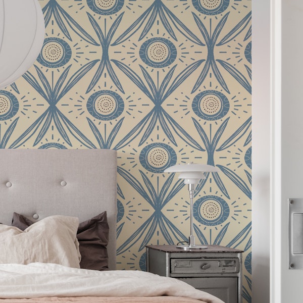 Folk Bloom Blue Charcoal Retro Floral