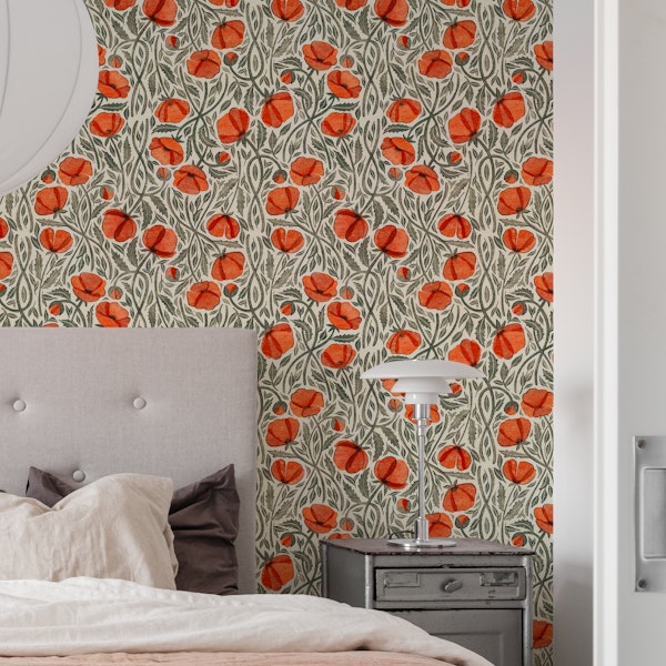 Retro Block Print Poppies on Cream