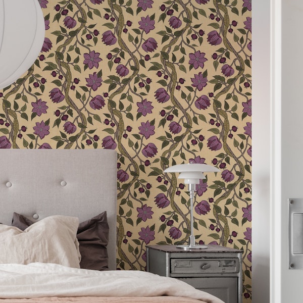 Vines and Violet Flowers - Khaki & Olive