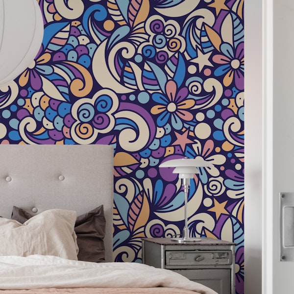 Purple - blue - yellow floral retro doodle (2753 A)