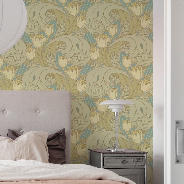 Tulips pattern in green blue ivory