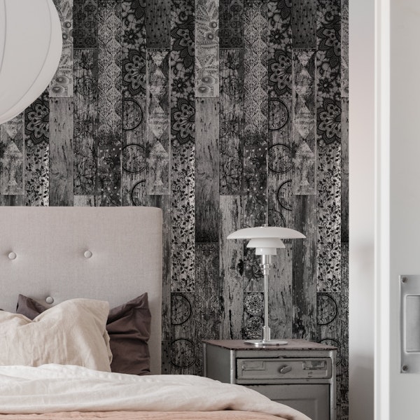 Vintage Wood Tiles Pattern Black Grey