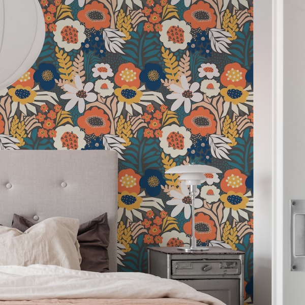 Paper Cut Floral Collage - Orange Blue Grey