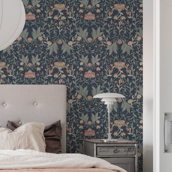 Morris Victorian floral damask navy IV