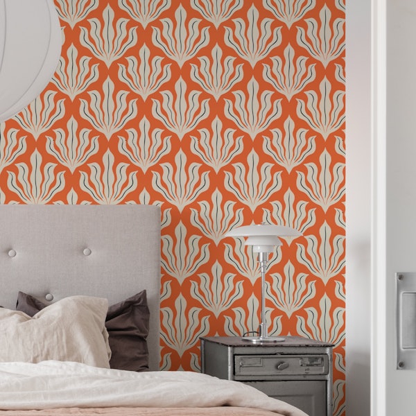 Wavy Leaves Damask Orange Cream Black
