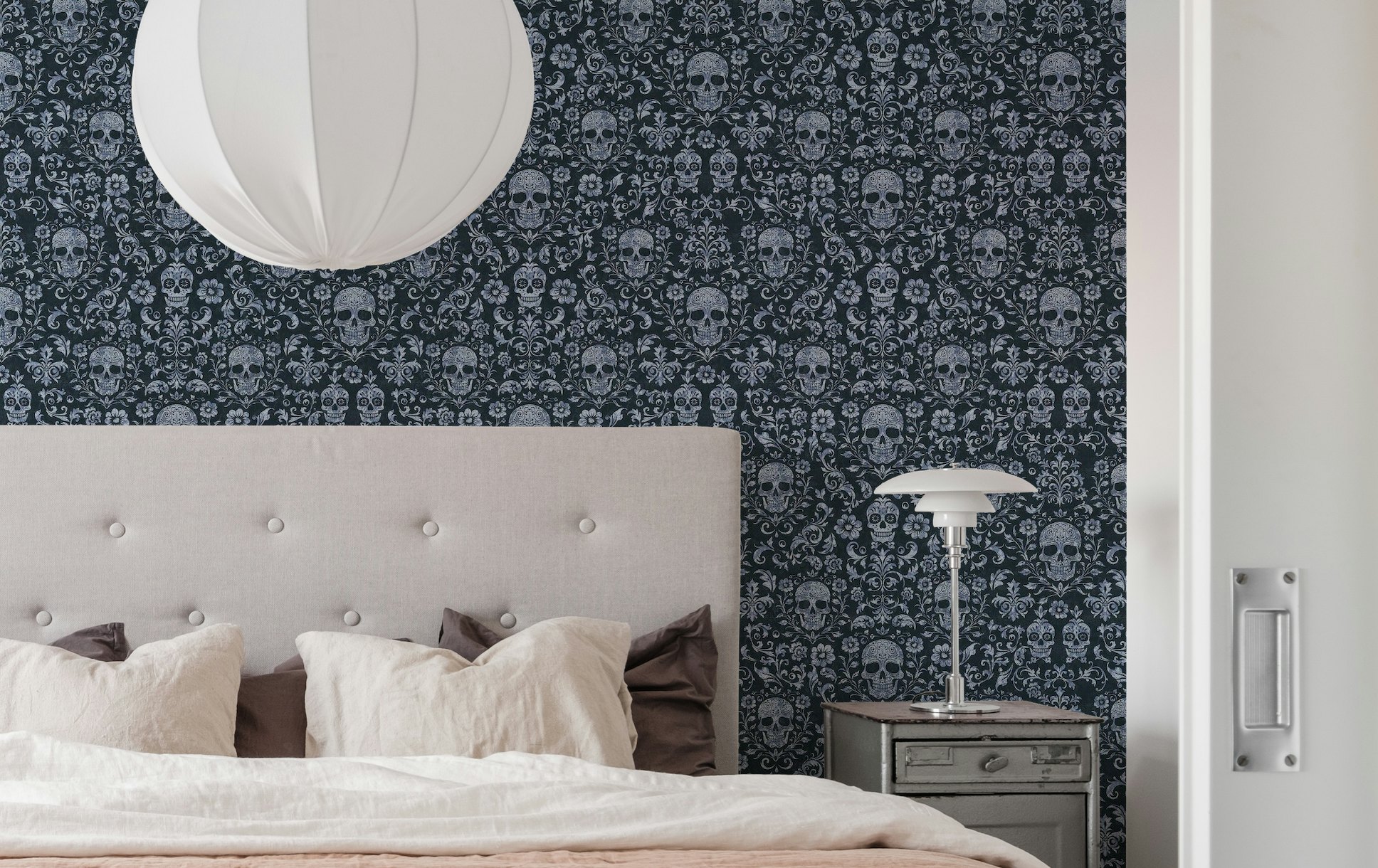 Mystical Macabre Skull Damask Blue wallpaper - Free shipping | Happywall