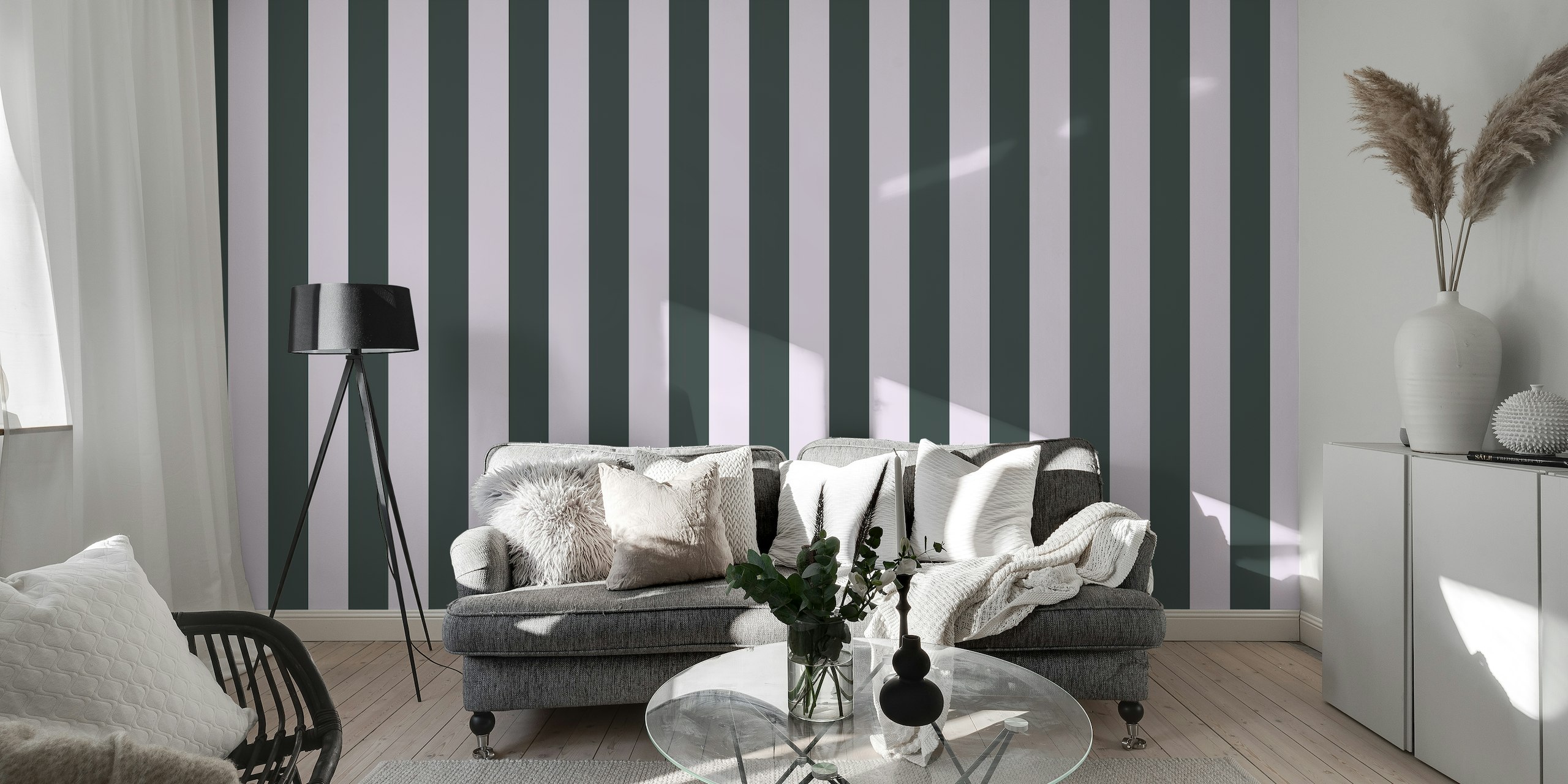 Bold vertical stripes in soft black and lavender wall mural