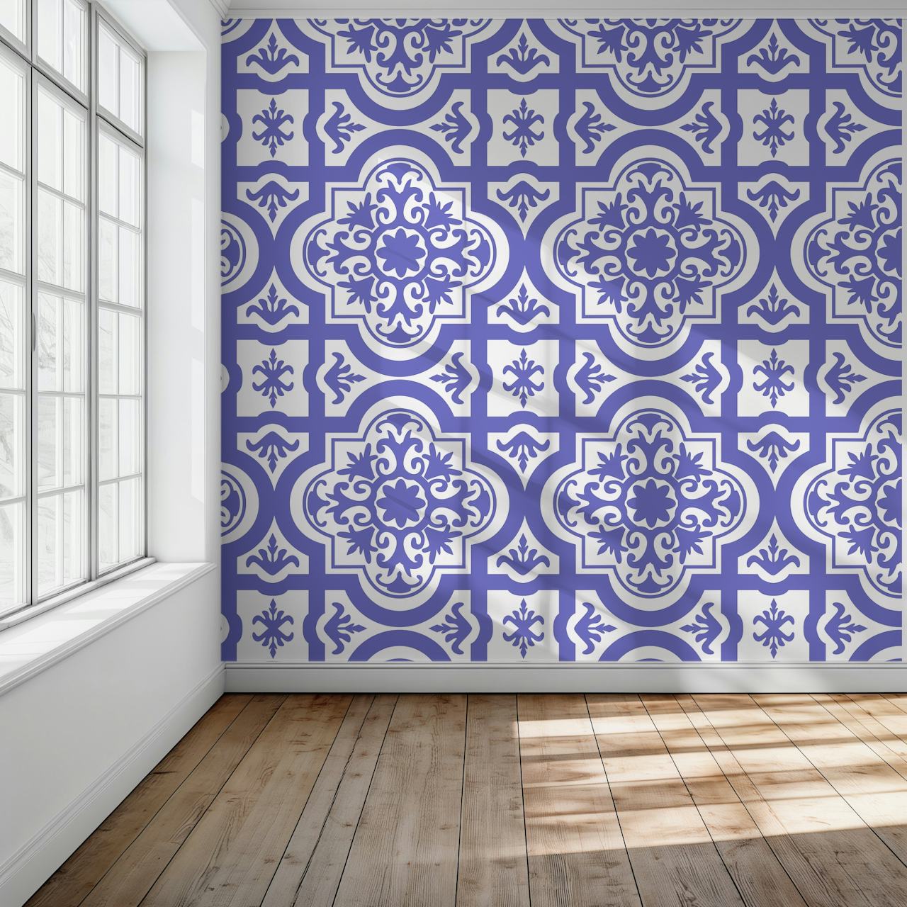 Geometric tile pattern in Very Peri purple and white colors wallpaper
