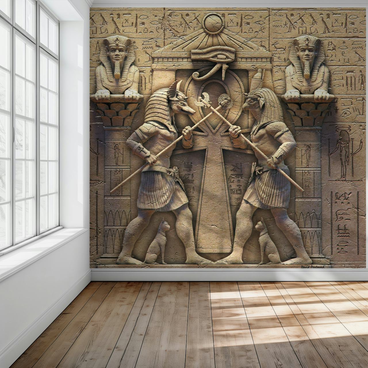 Egyptian gods with hieroglyphs and stone texture wallpaper